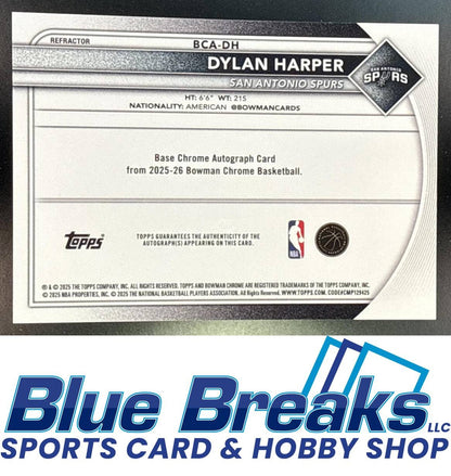 2025 Bowman Dylan Harper #BCA-DH Chrome Auto Refractor 020/499 RC San Antonio Spurs