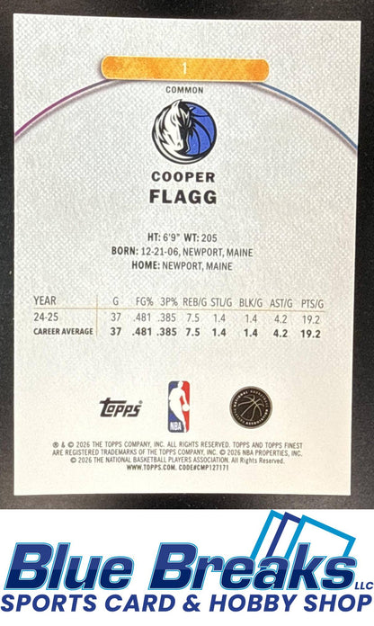 2025-26 Topps Finest Common Cooper Flagg RC #1 Dallas Mavericks
