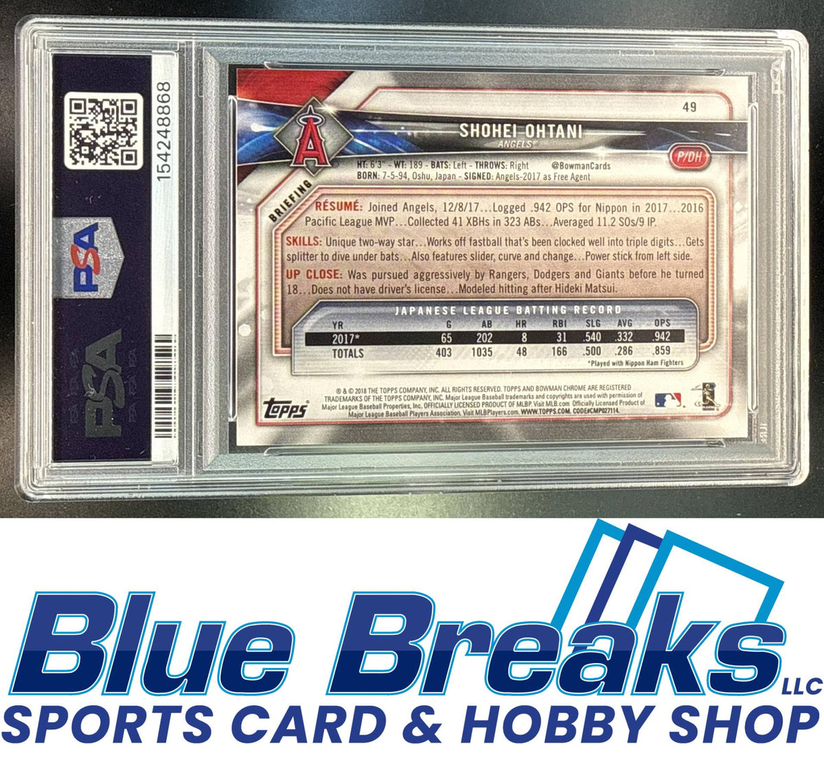 2018 Bowman Shohei Ohtani #49 RC PSA 9 Los Angeles Angels