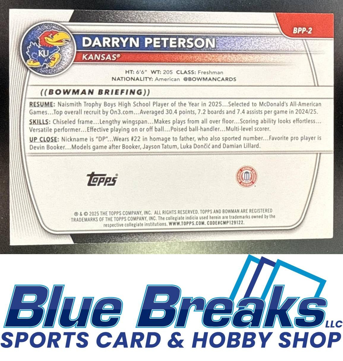 2025 Bowman Darryn Peterson #BPP-2 Gold Border 50/50 1st Prospect Kansas Jayhawks