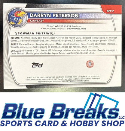 2025 Bowman Darryn Peterson #BPP-2 Gold Border 50/50 1st Prospect Kansas Jayhawks