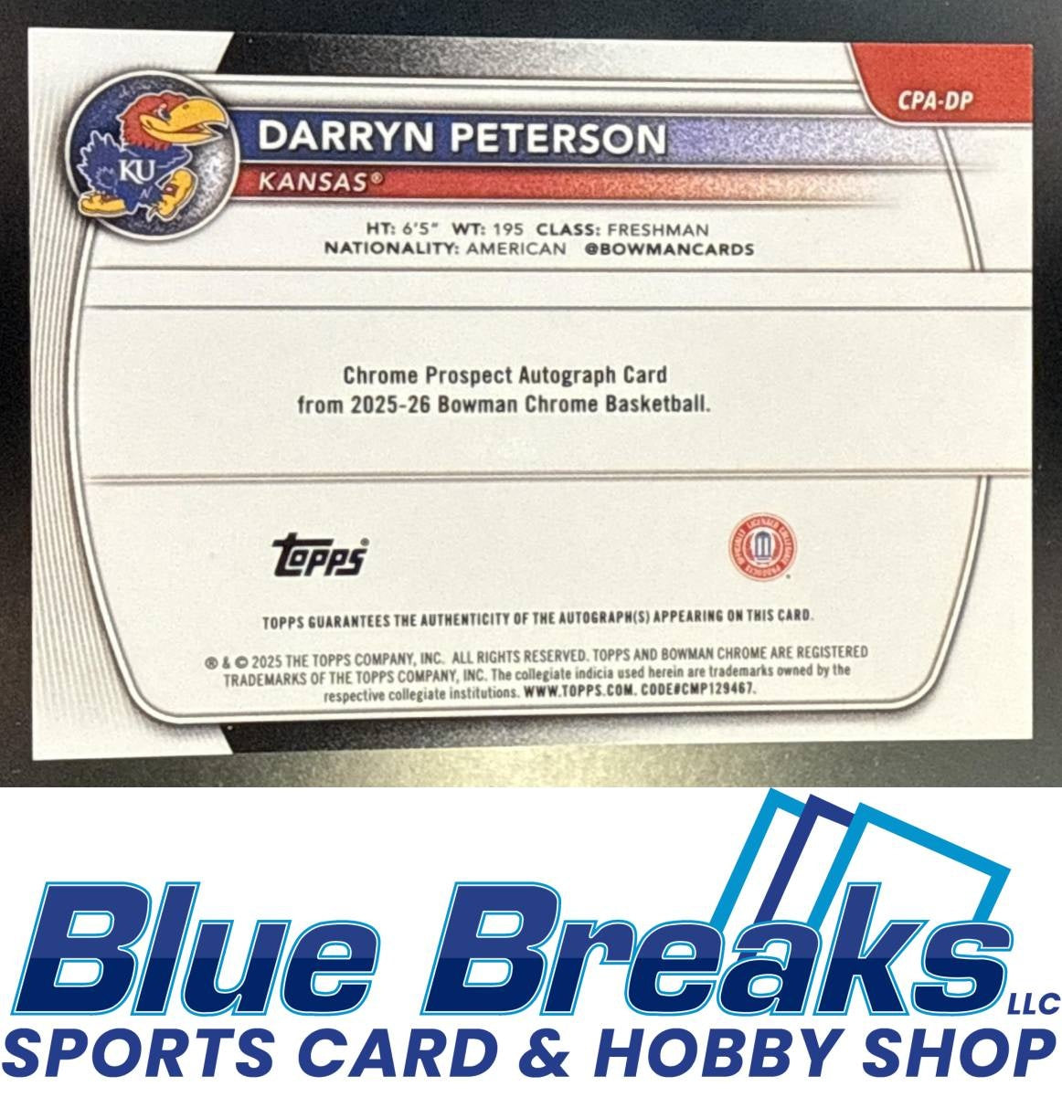2025 Bowman Darryn Peterson #CPA-DP Chrome Auto Speckle Refractor 257/299 1st Prospect Kansas Jayhawks