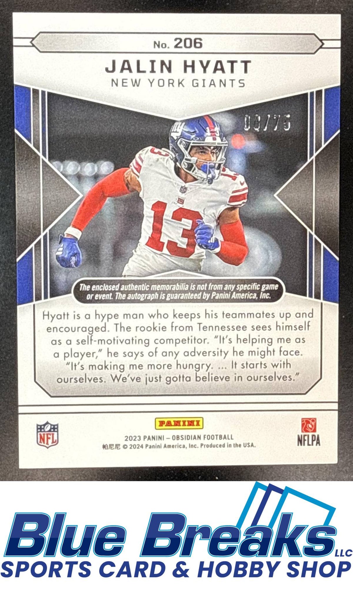 2023 Panini Obsidian Jalin Hyatt #206 Electric Etch Purple 08/75 Relic Auto RC New York Giants