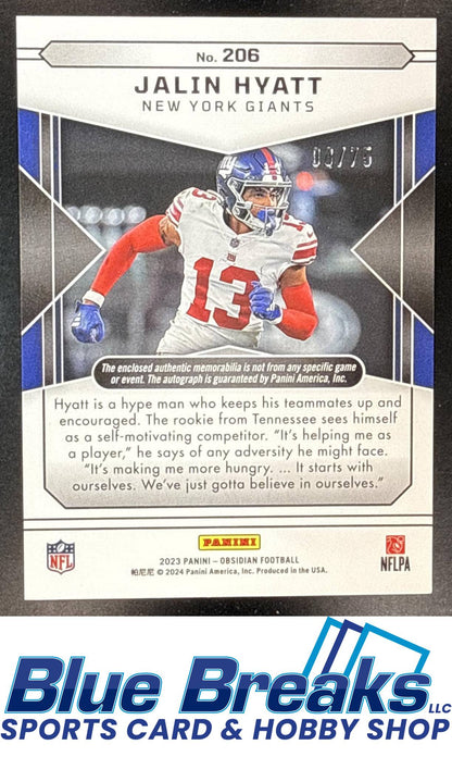 2023 Panini Obsidian Jalin Hyatt #206 Electric Etch Purple 08/75 Relic Auto RC New York Giants