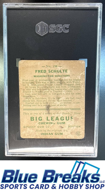 1933 Goudey R319 Fred Schulte Rookie #190 RC SGC 1 Washington Senators / Minnesota Twins