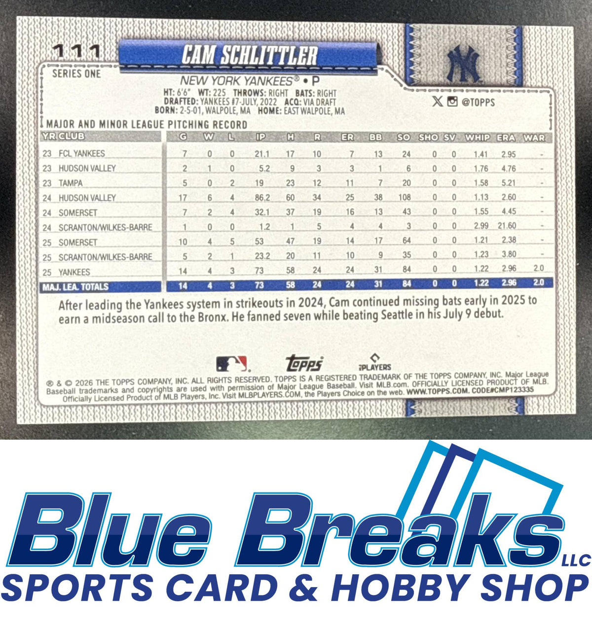 2026 Topps Series 1 Cam Schlittler #111 Team Color Border Variation New York Yankees