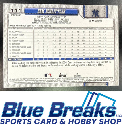 2026 Topps Series 1 Cam Schlittler #111 Team Color Border Variation New York Yankees