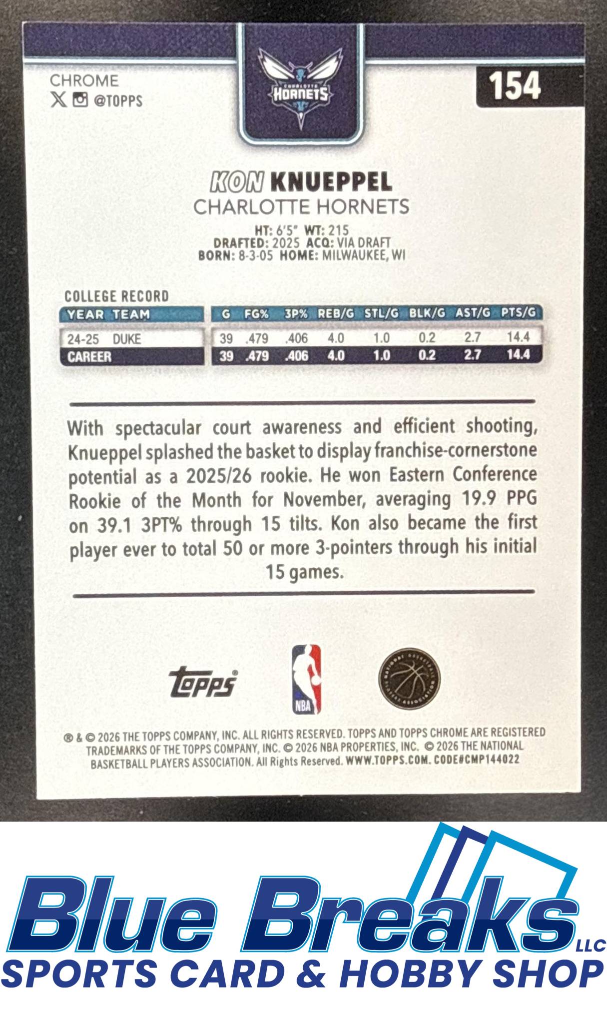 2025 Topps Chrome Update Kon Knueppel #154 Magenta Refractor 134/399 RC Charlotte Hornets