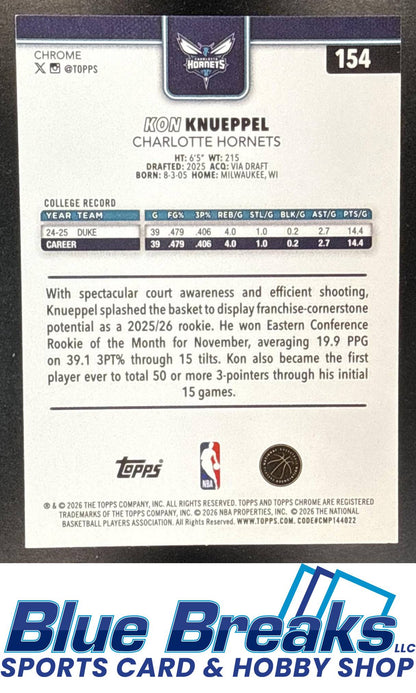 2025 Topps Chrome Update Kon Knueppel #154 Magenta Refractor 134/399 RC Charlotte Hornets