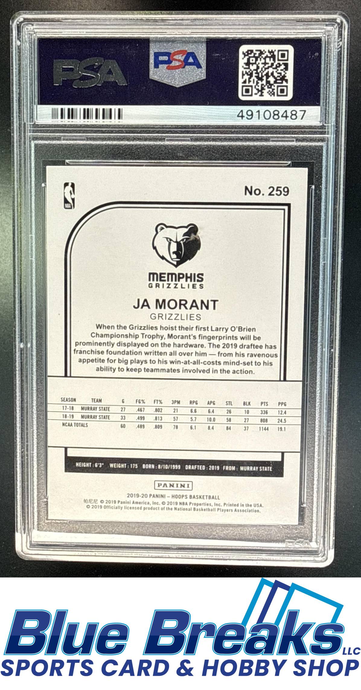 2019-20 Panini Hoops Ja Morant #259 RC PSA 9 Memphis Grizzlies