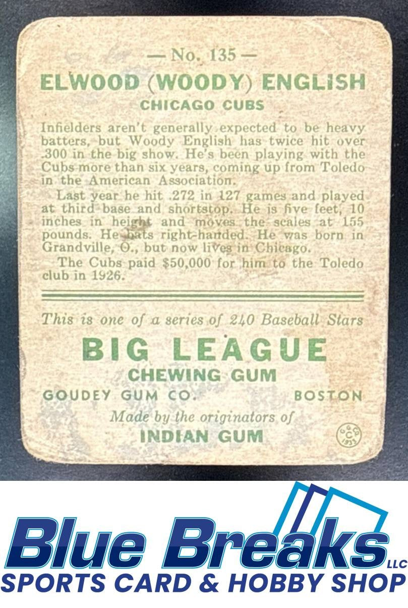 1933 Goudey R319 Elwood Woody English Rookie #135 RC Chicago Cubs