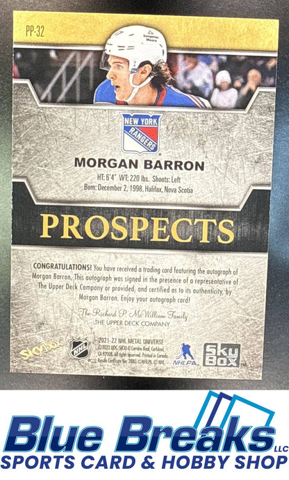 2021 Skybox Metal Universe Morgan Barron #PP-32 Premium Prospects 1998 99 Retro Auto RC New York Rangers