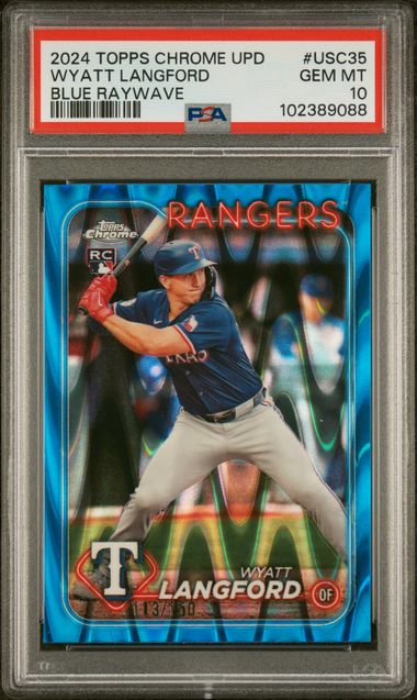 2024 Topps Chrome Update #USC35 Wyatt Langford Blue Raywave - PSA 10 - Texas Rangers
